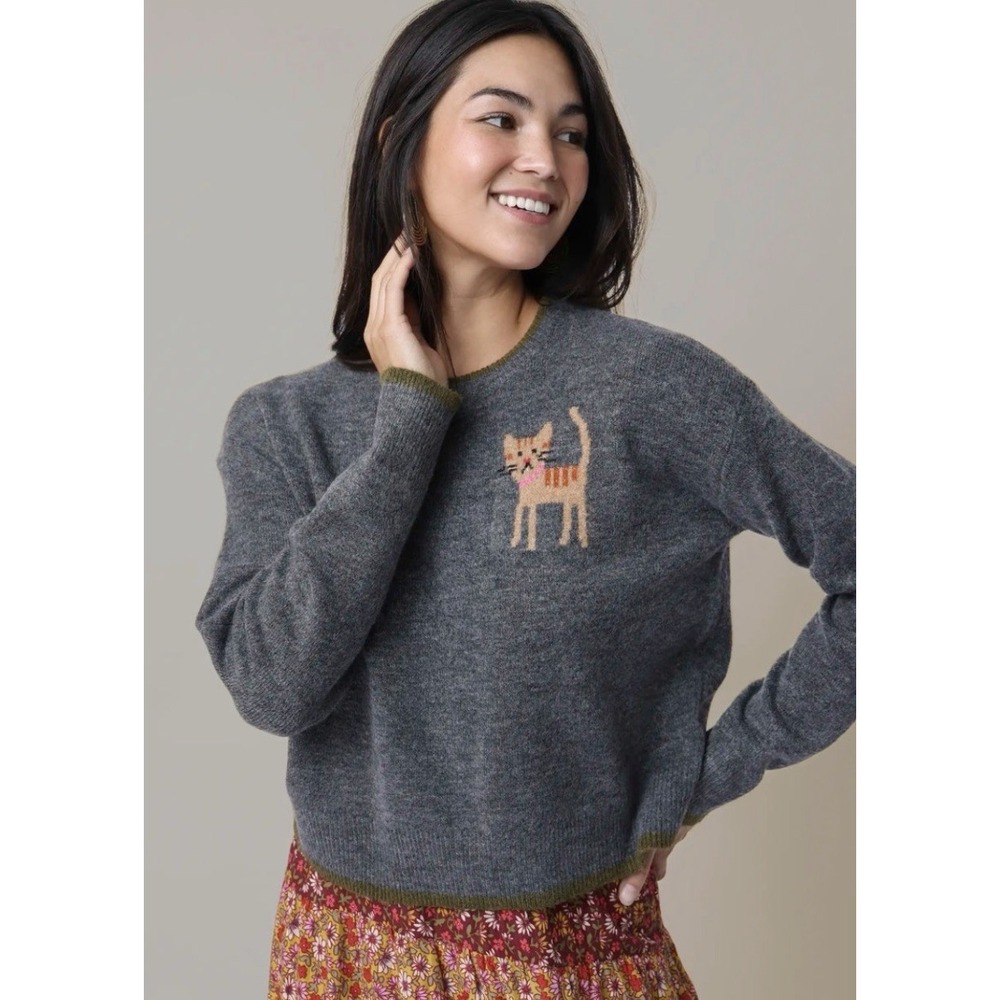 Natural Life Intarsia Tabby Cat Crewneck Sweater Whimsical Cottagecore XS NWT